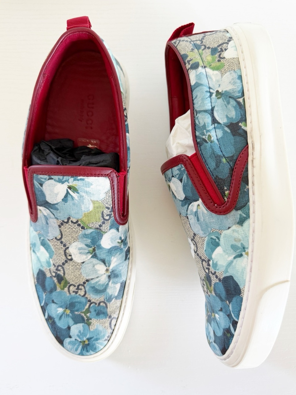 Gucci GG Supreme Blooms Blue Floral Canvas Slip-On Sneakers EU 37.5 US 7.5